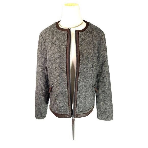 For Cynthia Brown Tweed Blazer Jacket Sz XL Quilted Zip Faux Suede Trim - Picture 12 of 12